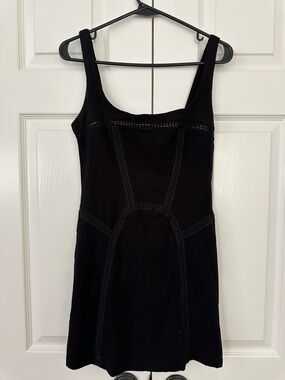 Free People Black Textured Fabric Top with Lace Trim